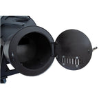 Black metal cylindrical object with open lid on a white background