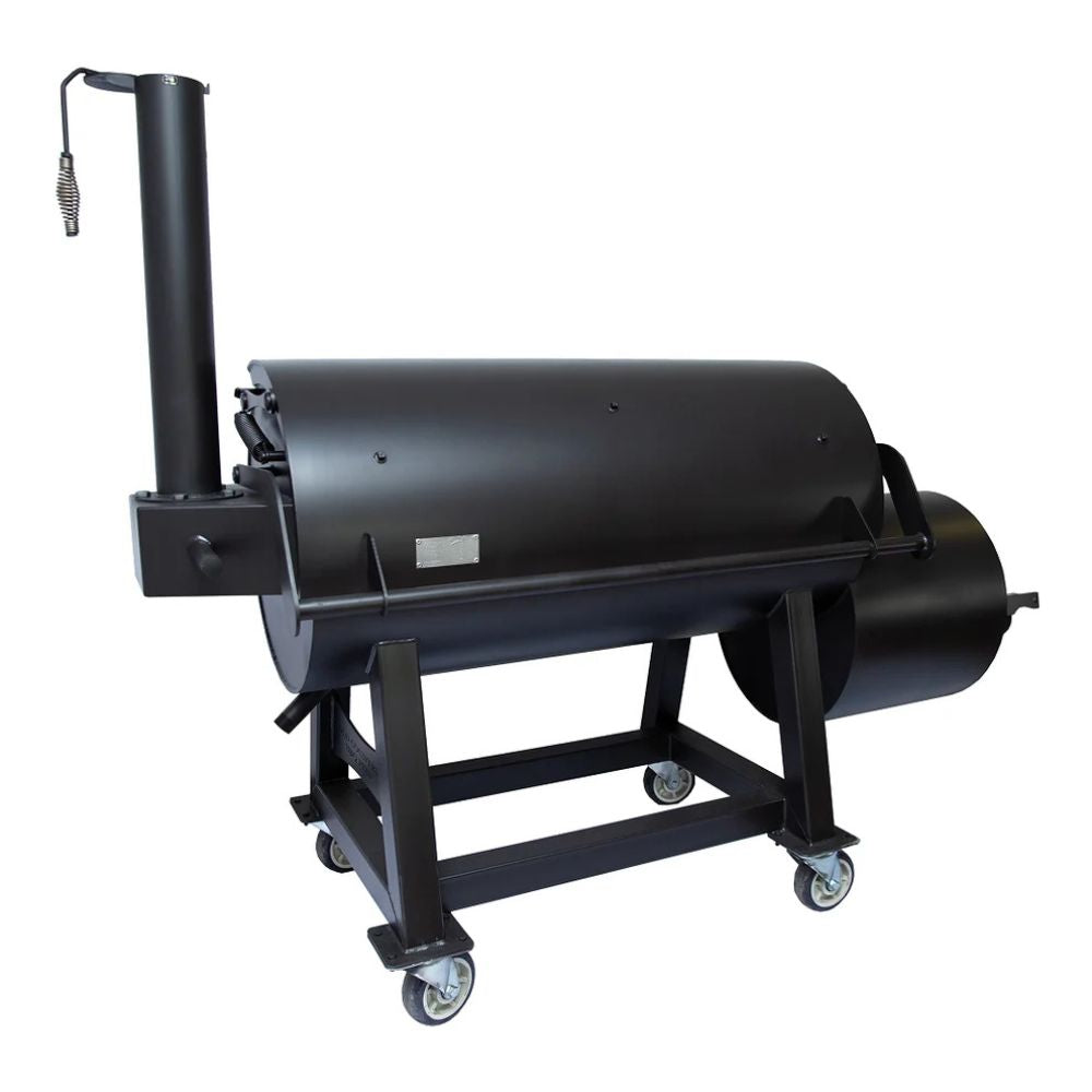 Black barbecue grill on wheels with a white background