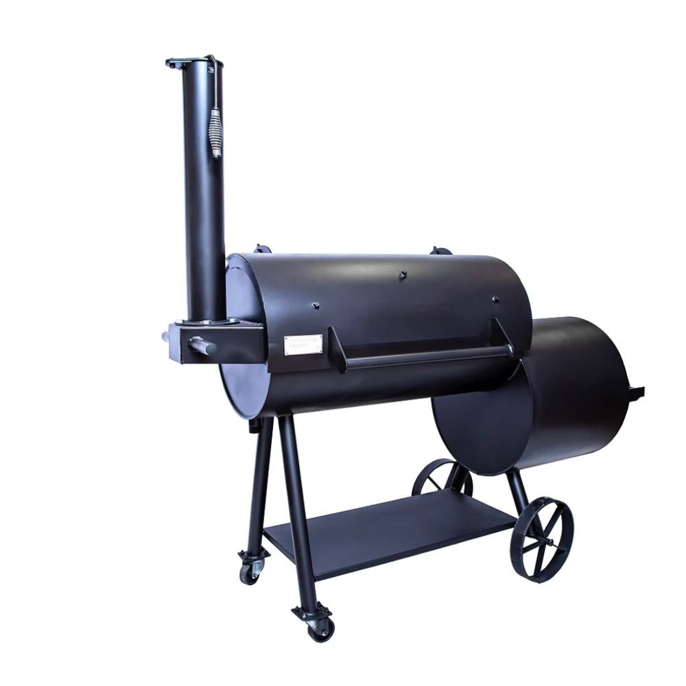 Black barrel-style barbecue smoker on a white background