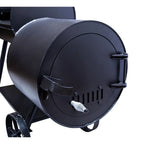 Black metal barrel-style smoker on a white background