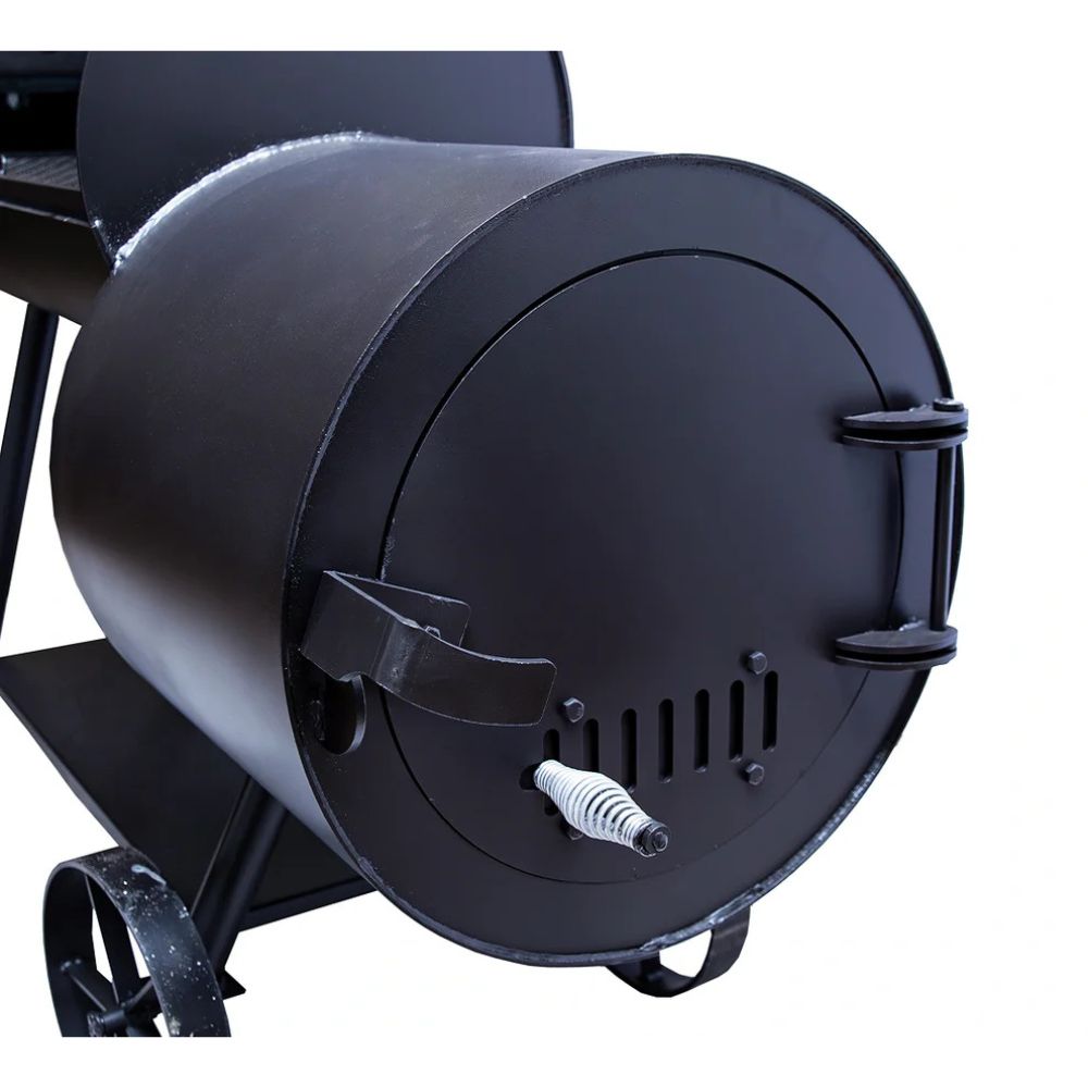 Black metal barrel-style smoker on a white background