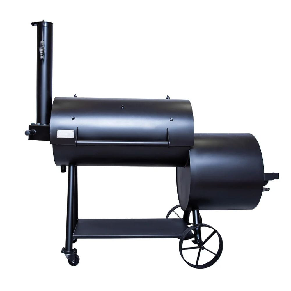 Black metal log splitter on a white background