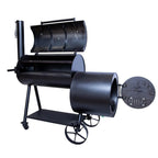 Black metal barrel-style barbecue grill on a white background