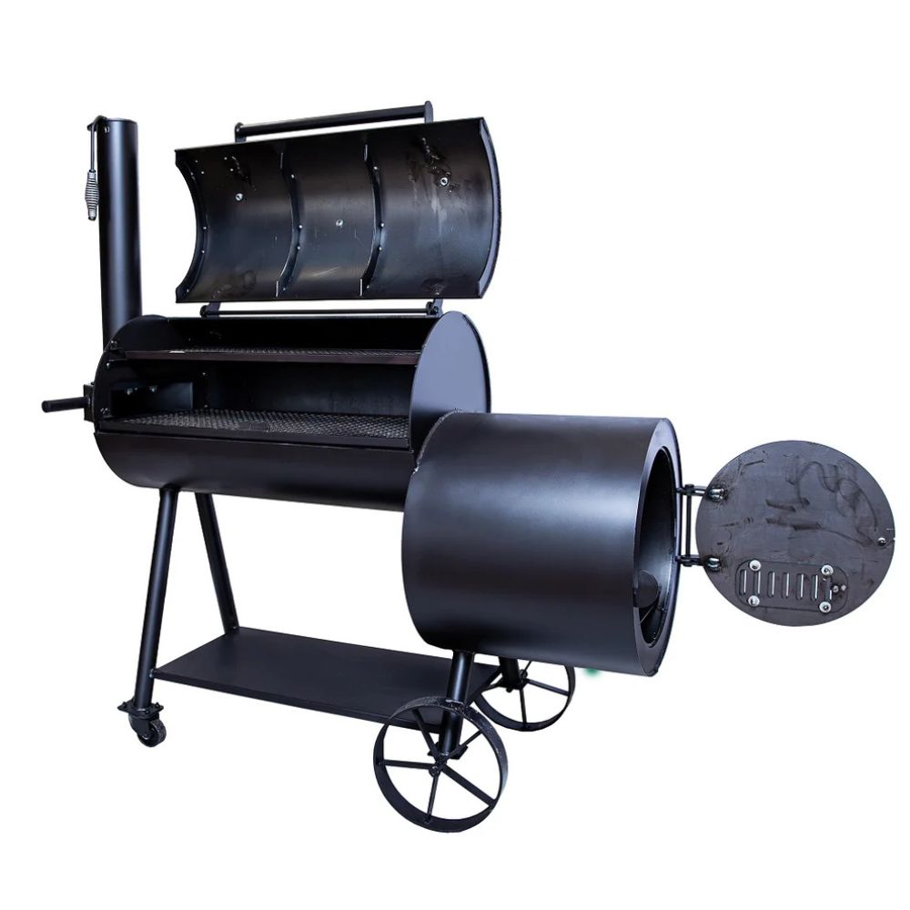 Black metal barrel-style barbecue grill on a white background