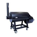 Black barbecue grill on wheels with a white background