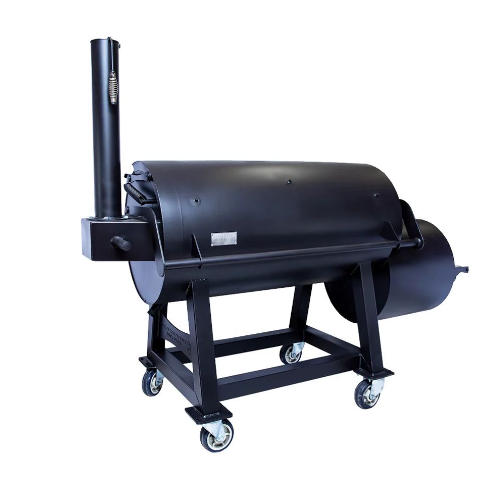 Black barbecue grill on wheels with a white background