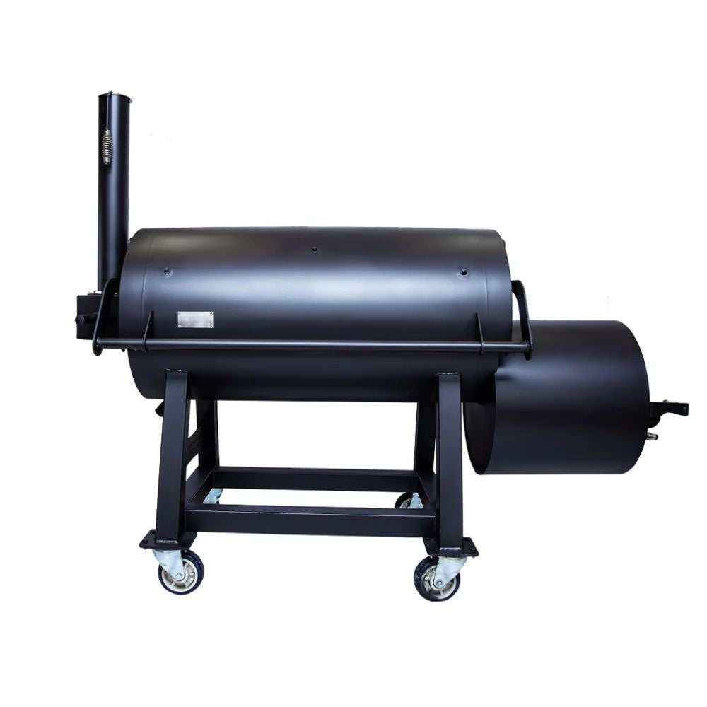 Black barrel-style barbecue smoker on a white background