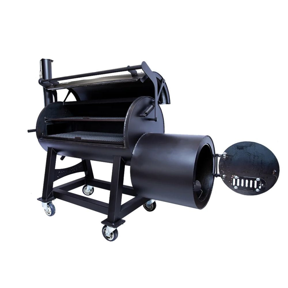 Black metal barbecue grill on a white background
