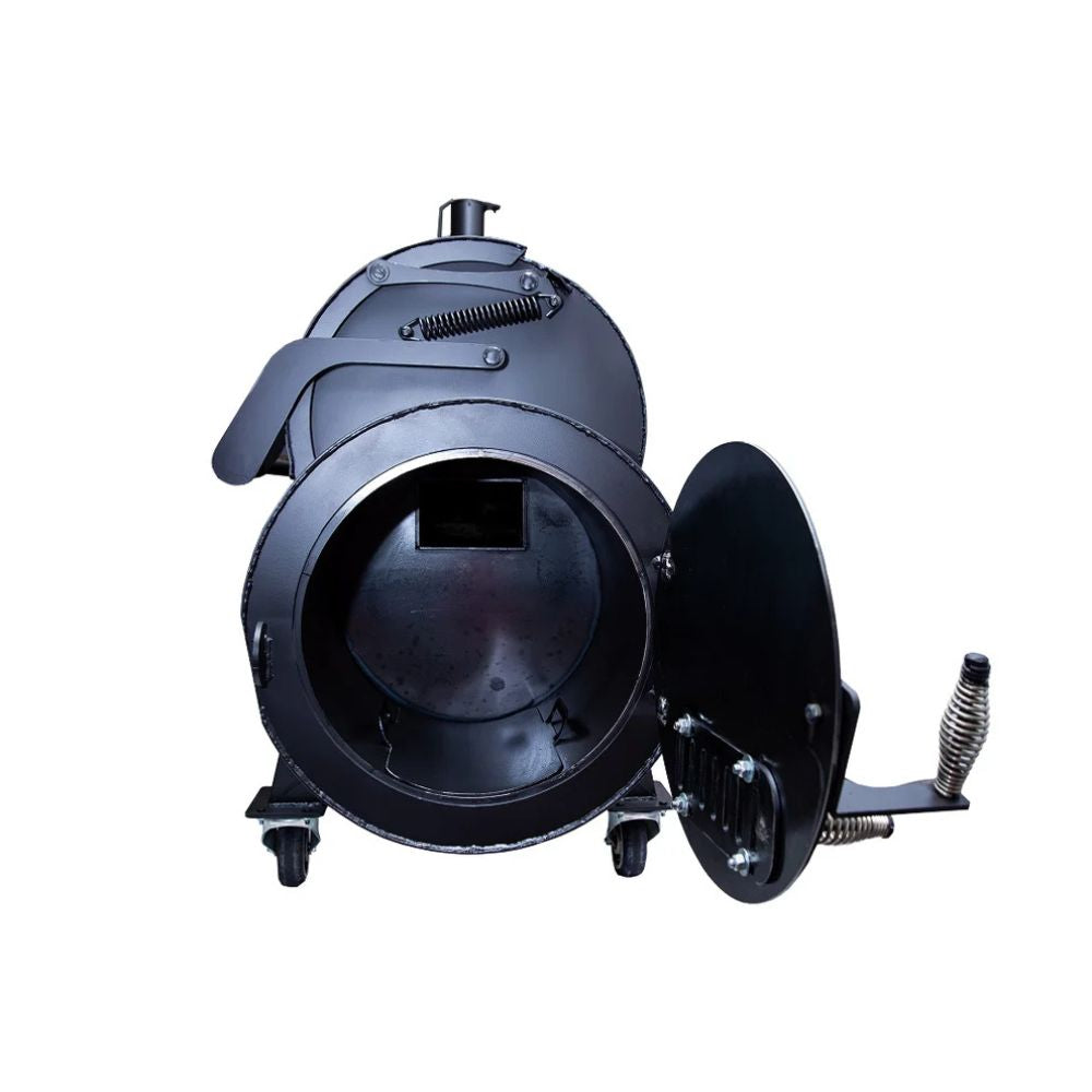 Black metal lamp with open design on a white background