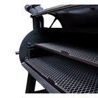 Close-up of a black barbecue grill with open lid on a white background