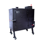 Black barbecue smoker on wheels with a white background