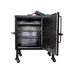 Black barbecue smoker with open door on a white background