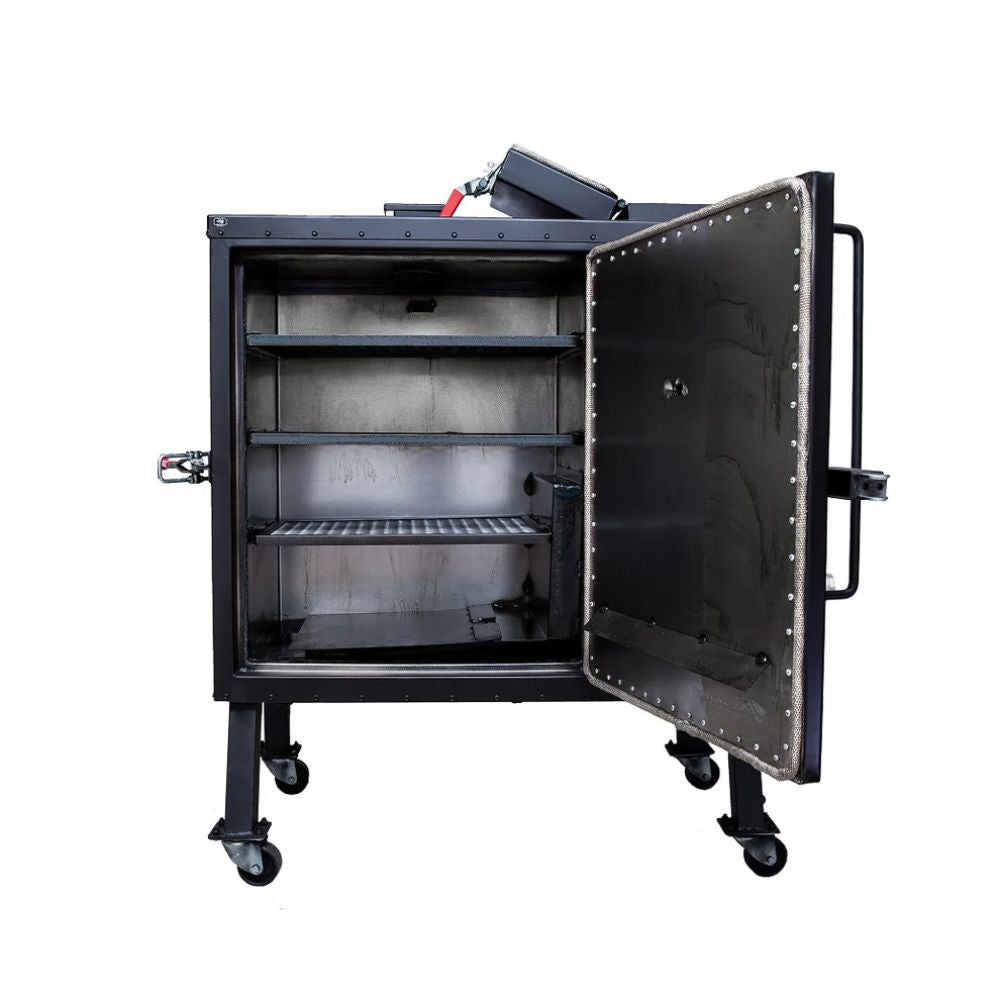 Black barbecue smoker with open door on a white background