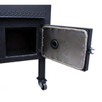 Black metal cabinet with open door revealing a filter inside on a white background