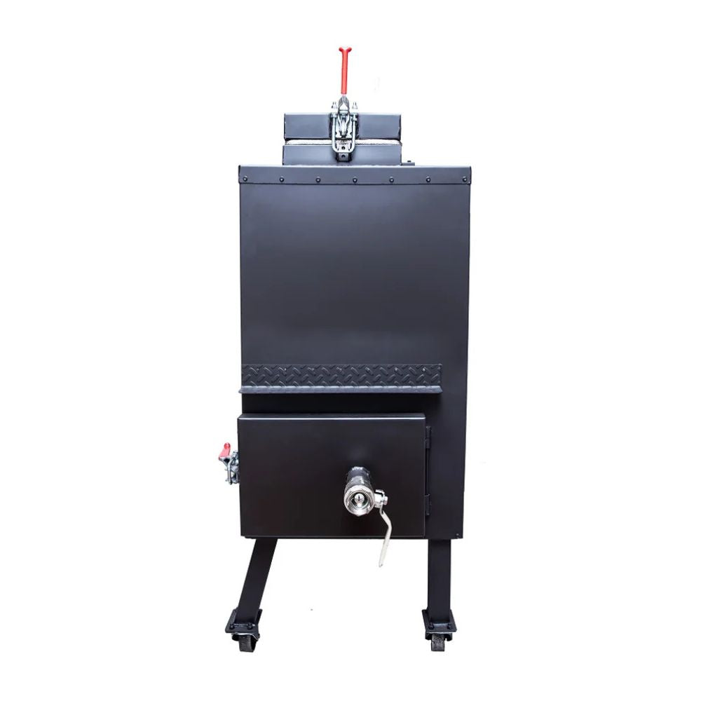 Black metal barbecue grill on a white background
