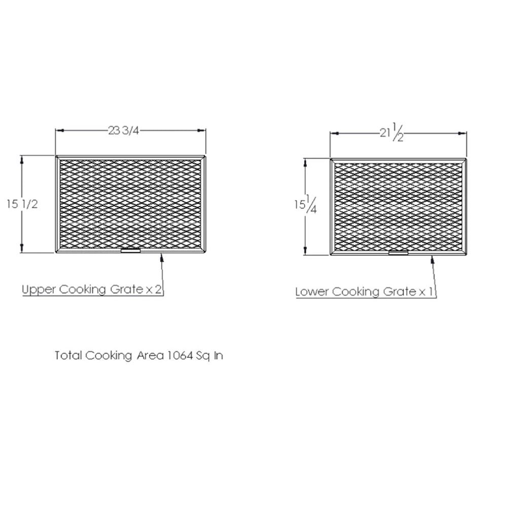 Diagram of two grill cooking grates with dimensions on a white background
