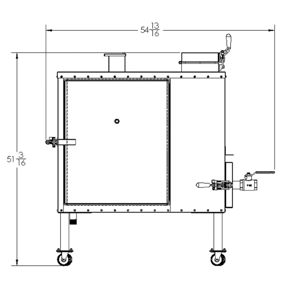 Technical drawing of a rectangular metal container with dimensions