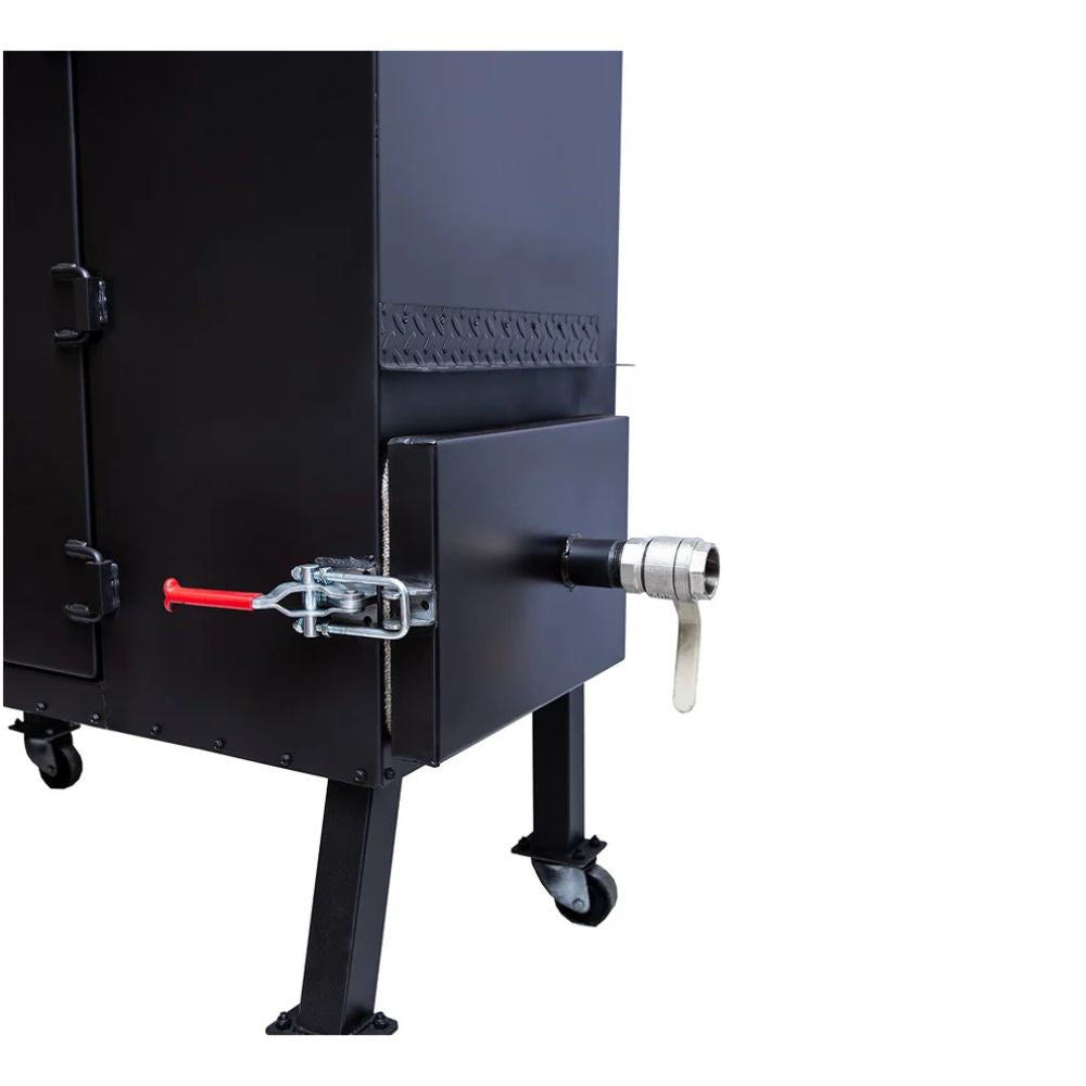 Black metal smoker with a red lever and white handle on a white background