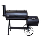 Black barbecue smoker on wheels with a white background
