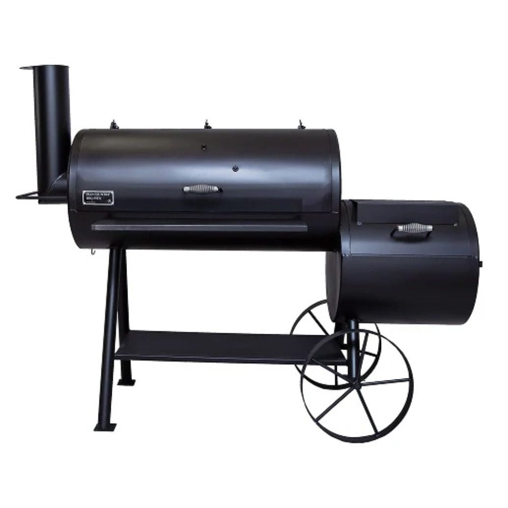 Black barbecue smoker on wheels with a white background