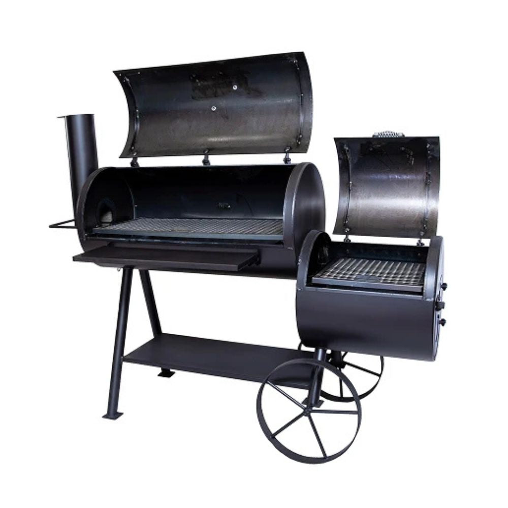 Black metal barbecue grill with wheels on a white background