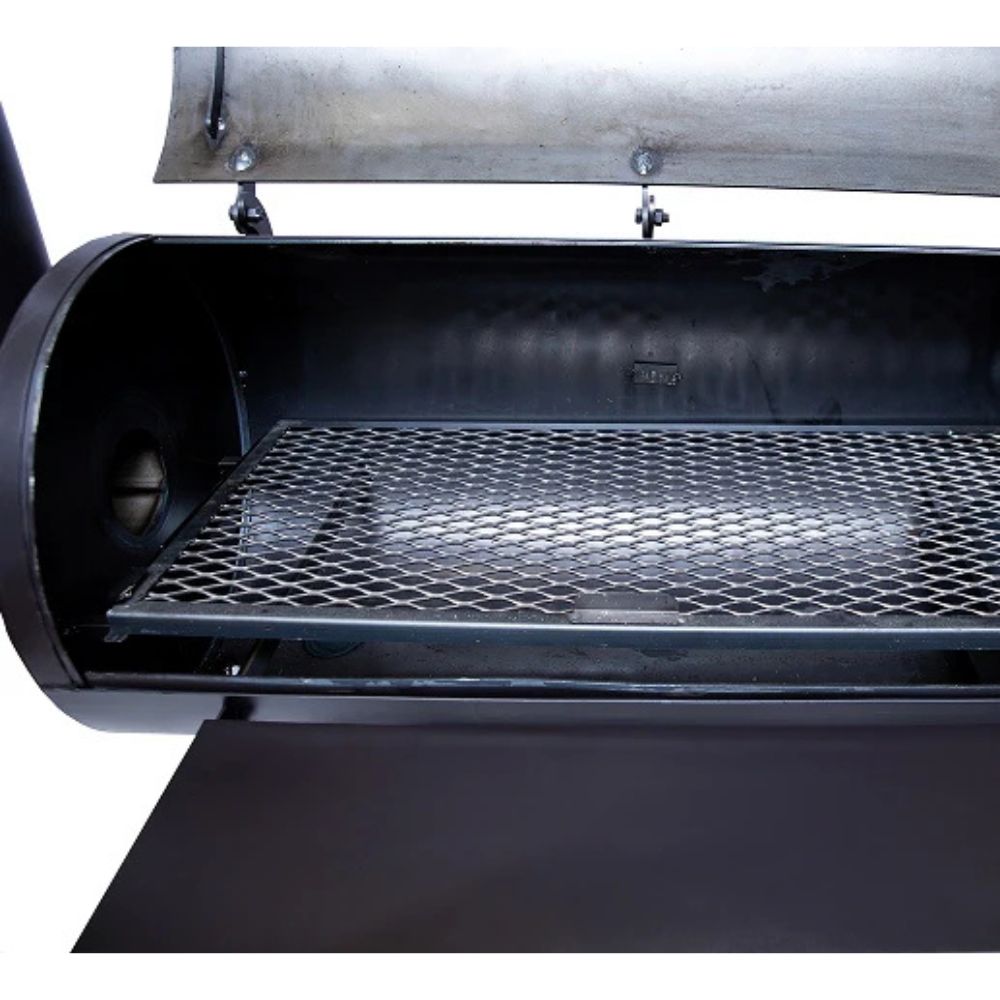 Black barbecue grill with open lid on a white background