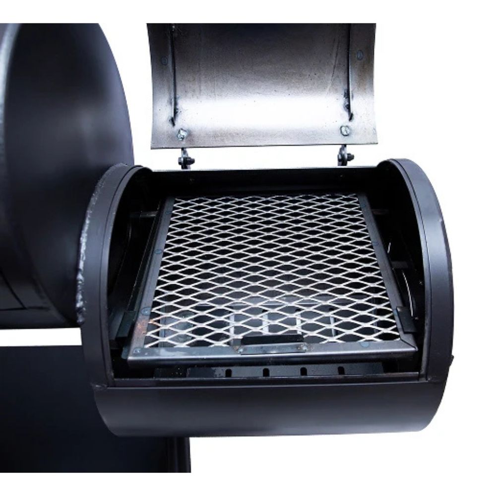 Black grill with open lid on a white background