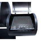 Black grill with open lid on a white background