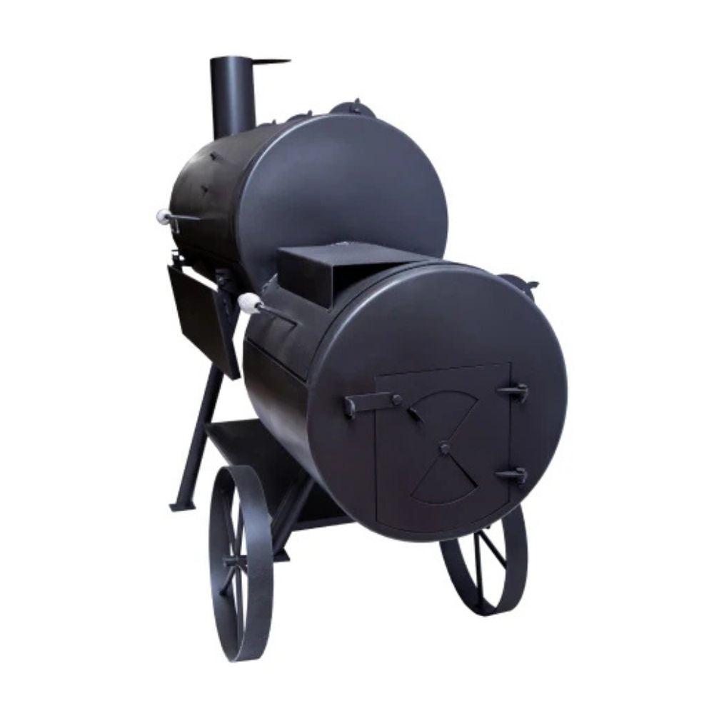Black metal barrel-style barbecue smoker on a white background