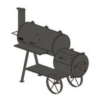 Black diagram of a barrel-style barbecue smoker on a white background