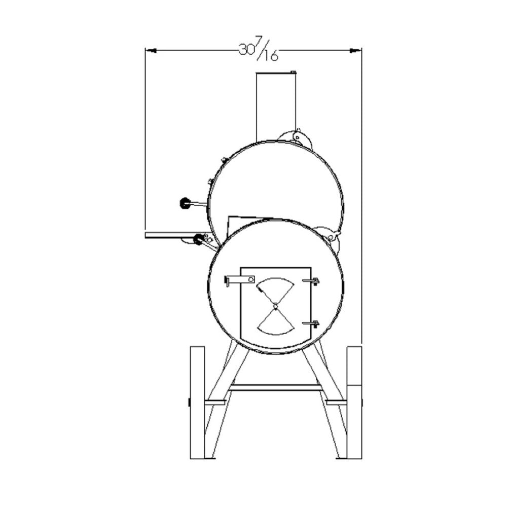 Technical drawing of a cylindrical machine with dimensions on a white background
