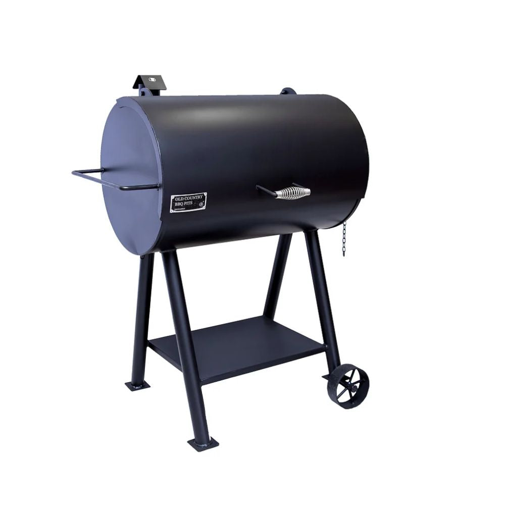 Black barrel-style barbecue grill on a white background