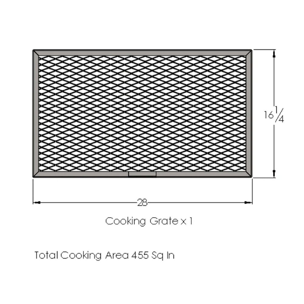 Diagram of a rectangular cooking grate with dimensions on a white background