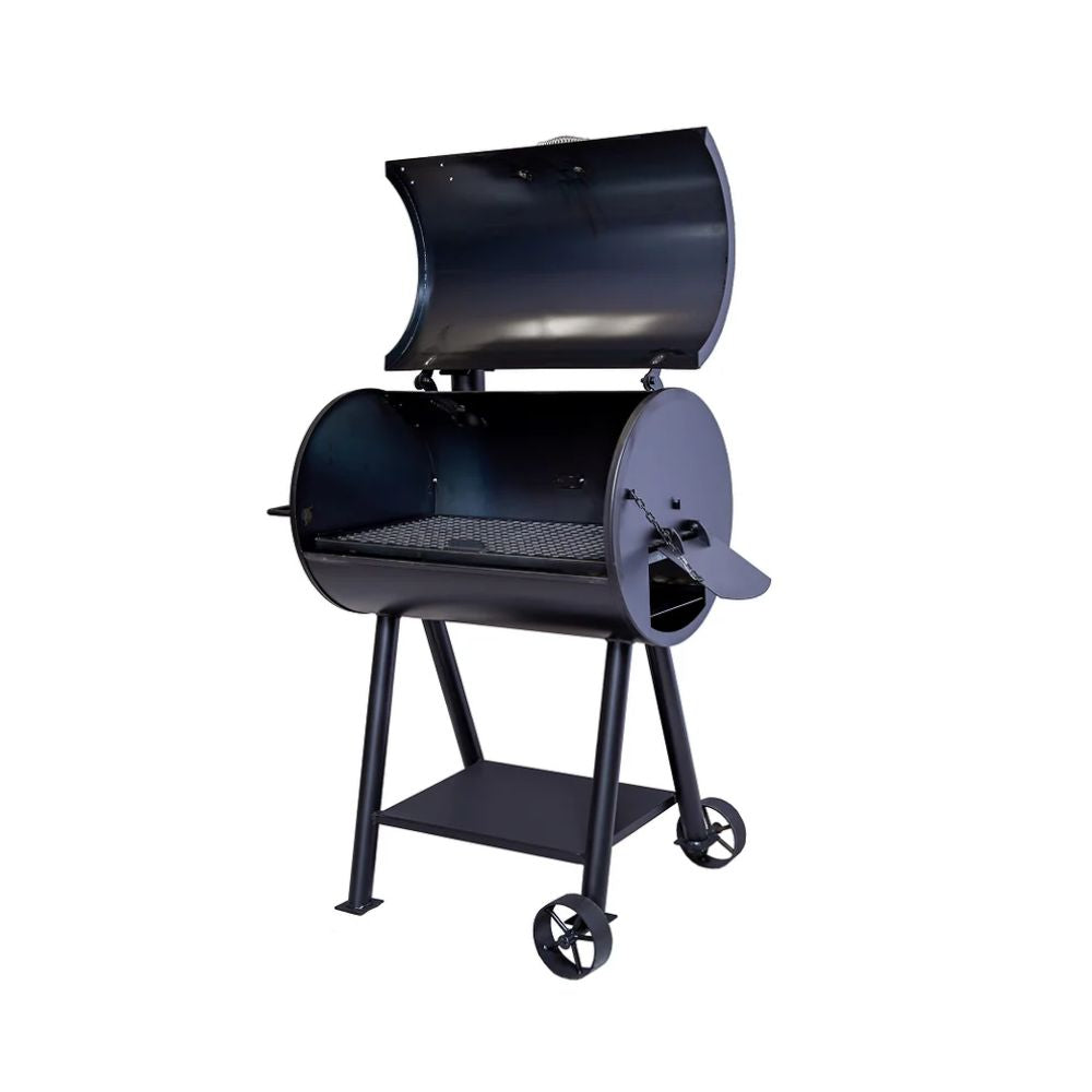 Black barrel-style barbecue grill on a white background