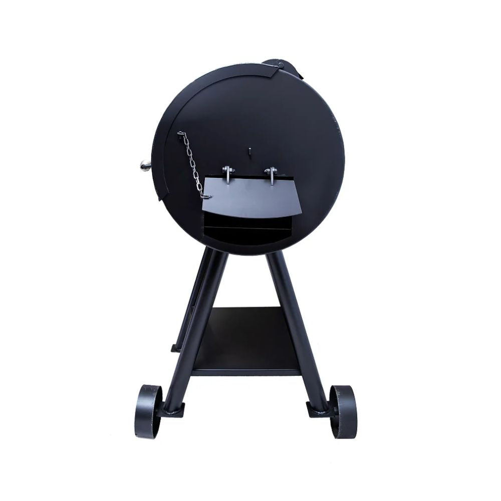 Black barbecue grill on wheels with a white background