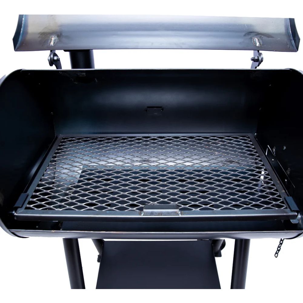 Black barbecue grill with open lid on a white background