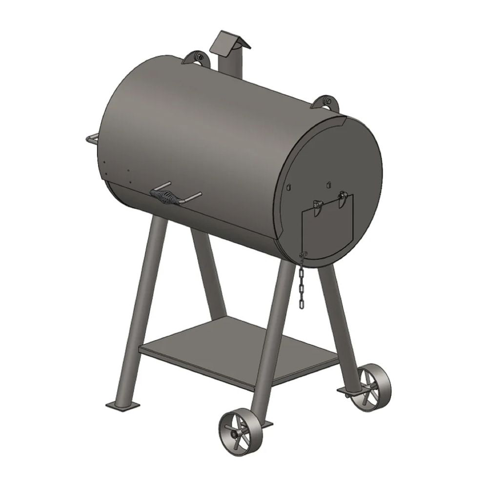 Barbecue grill on wheels with a cylindrical design on a white background