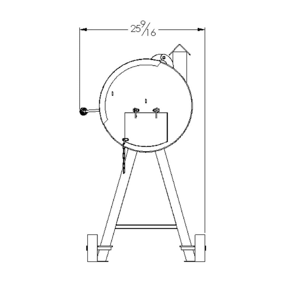 Technical drawing of a cylindrical tank with a stand and dimensions labeled.