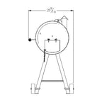 Technical drawing of a cylindrical tank with a stand and dimensions labeled.