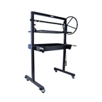 Black metal stand with a wheel on a white background