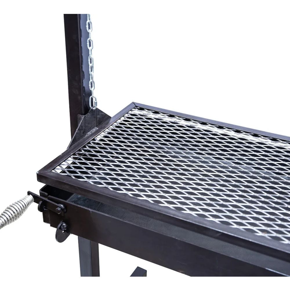 Black metal grill with a white background