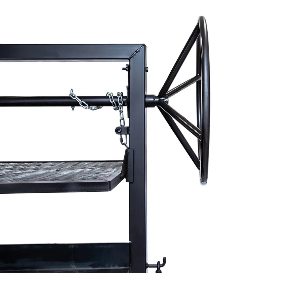 Black metal shelf with a wheel on a white background