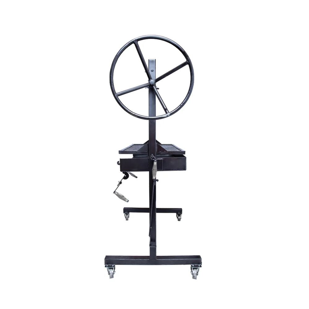 Black metal stand with a wheel on a white background