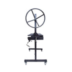 Black metal stand with a wheel on a white background