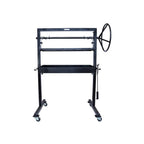 Black metal stand with wheels on a white background