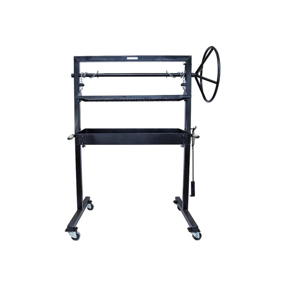 Black metal stand with wheels on a white background