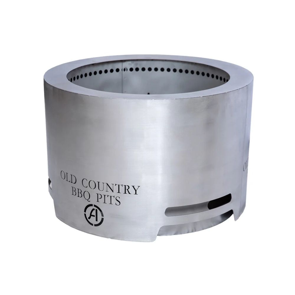 Stainless steel BBQ pit with 'Old Country BBQ Pits' branding on a white background