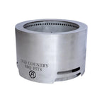 Stainless steel BBQ pit with 'Old Country BBQ Pits' branding on a white background