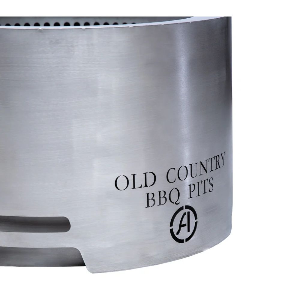 Metallic surface with 'Old Country BBQ Pits' branding on a white background