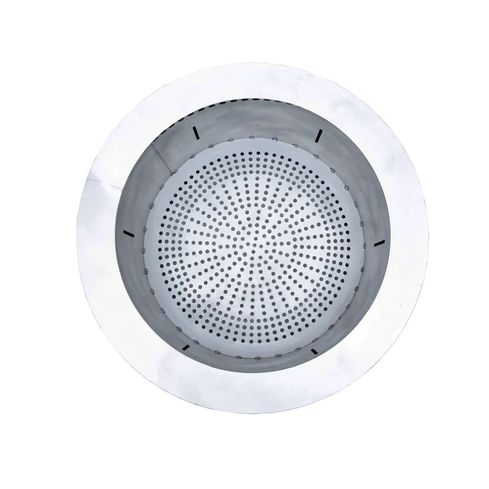 Round metallic object with perforated design on a white background